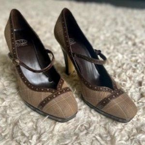 Joan & David Brown and Tan Plaid pumps with patent leather scalloped detail